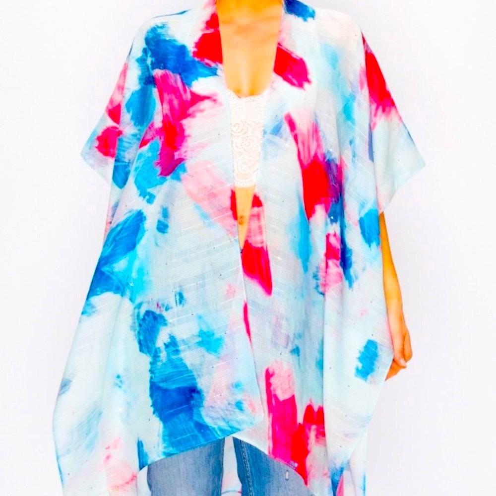 Boho Kimono Abstract Print Sequins Open Front Coverup Layer Cardigan